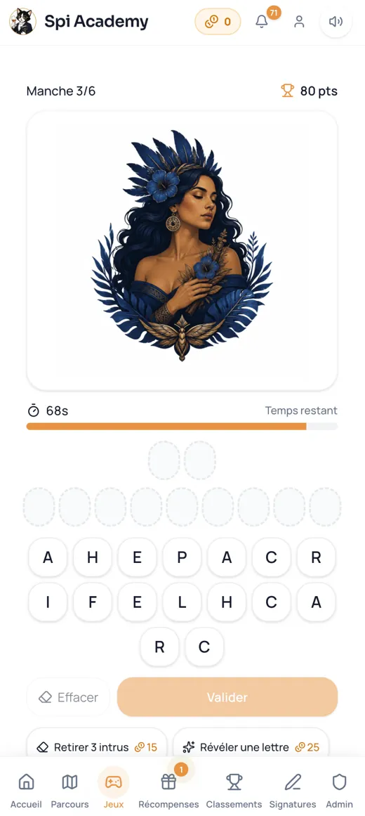 Manche « Recompose le nom » du Logo Quiz : logo affiché et banque de lettres